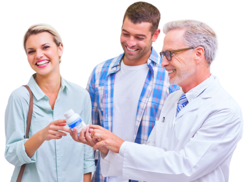 pharmacist showing medicine to the couple